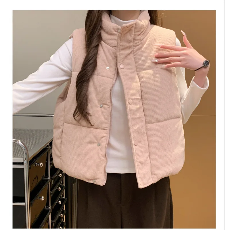 

Korean Style Women's Corduroy Vest Autumn Winter Cotton Down Jacket High Collar Zipper Closure Comfortable Casual Loose Fit
