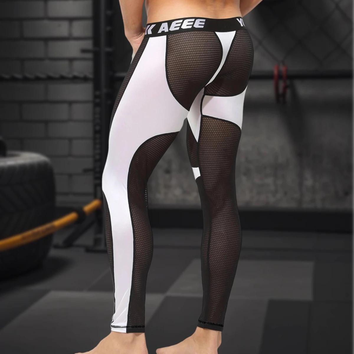 Men Sexy Silky Smooth Mesh Transparency Patchwork Elastic Breathable Fitness Sport Leggings Low Rise Tight Warm Pants Plus Size