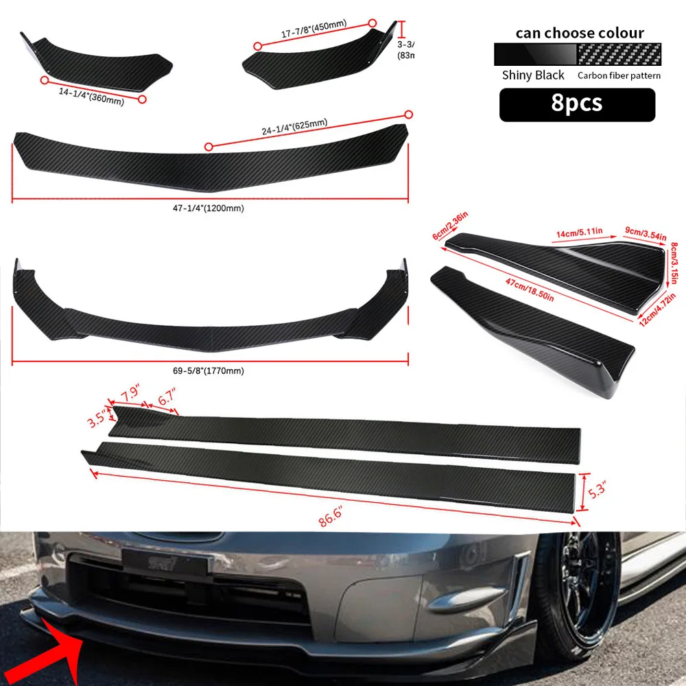 

4PCS Universal Car Front Bumper Splitter Lip Diffuser Chin Bumper Body Kits +2M Side Skirt Extension +Rear Side Skirt Splitter