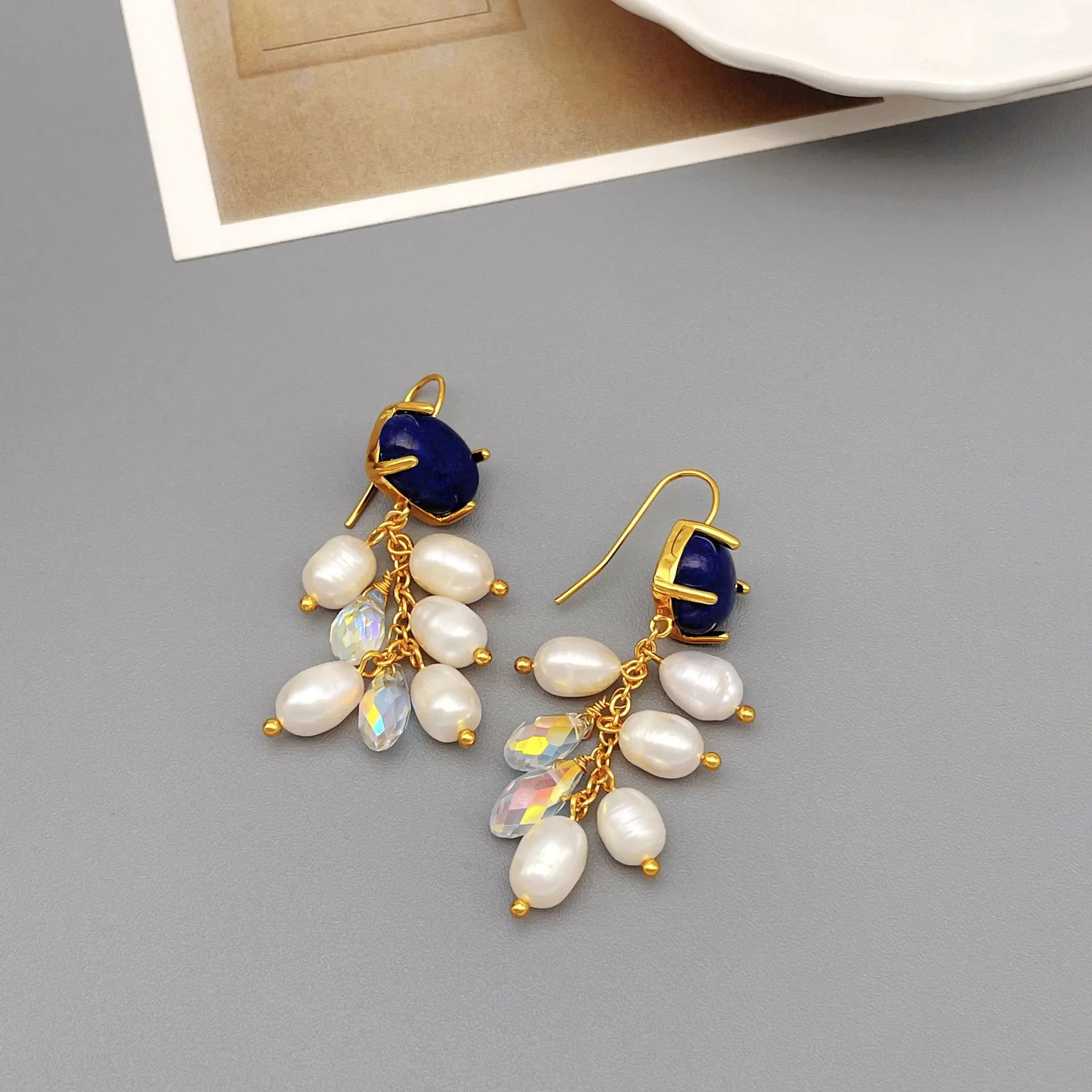 Korean Elegant Natural Frashwater Pearl Tassel Earrings for Women Golden Blue Crystal  Bridal Earrings Jewelry Gift