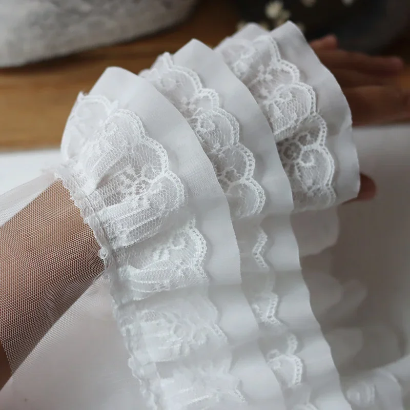 12 cm Wide Grid Chiffon Fabric 3 Fold Embroidered Lace Ribbon Frill Decoration DIY Clothing Sewing Hat Decoration 1 yard