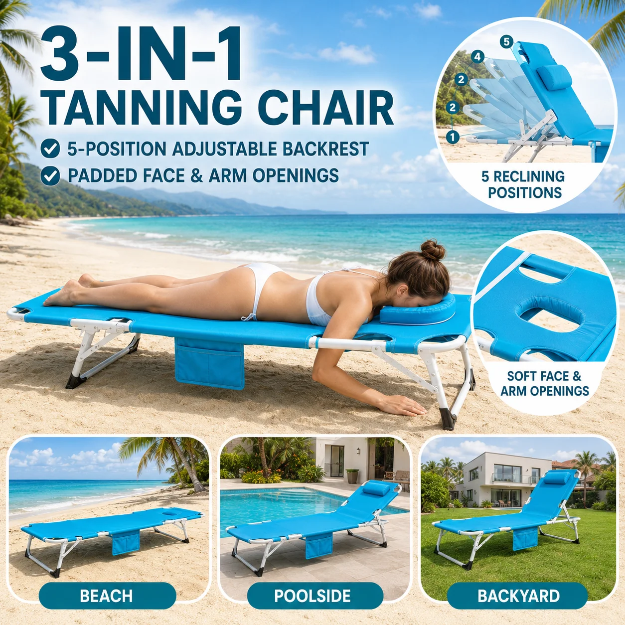 Folding Tanning Chair with Face Hole Outdoor Portable Chaise Lounge Adjustable Heavy Duty Beach Lounge Chair with Pillow Side Pocket for Pool Patio Camping Sunbathing