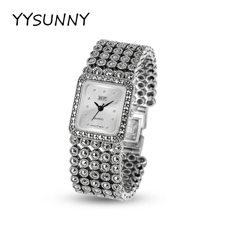 YYSUNNY Luxury S925 Sterling Silver Pave Bracelet Women Square Wristwatch Casual Watch Fashion Jewelry for Birthday Gift