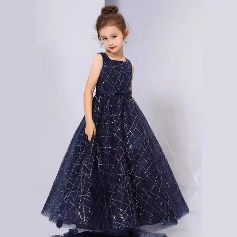 

2024 Elegant Girls Birthday Party Dresses Square Collar Sleeveless Children Princess Dress Striped Sequin Ball Evening Girl Gown