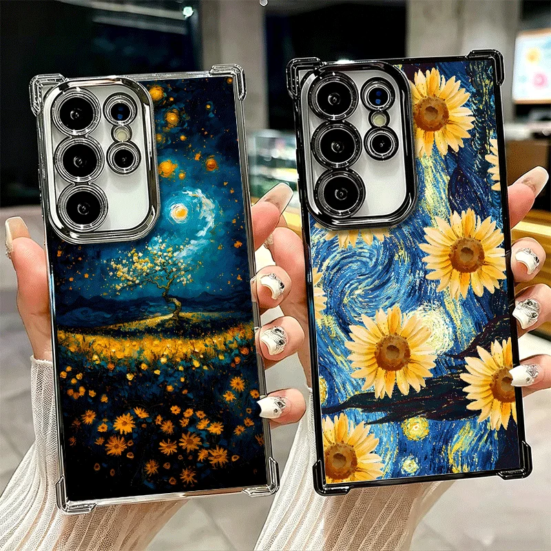 Starry Night Van Gogh Art Plating Phone Case For Samsung Galaxy S26 S25 Edge S24 S23 Ultra S22 S21 Plus S20 FE Anti-Fall Protect