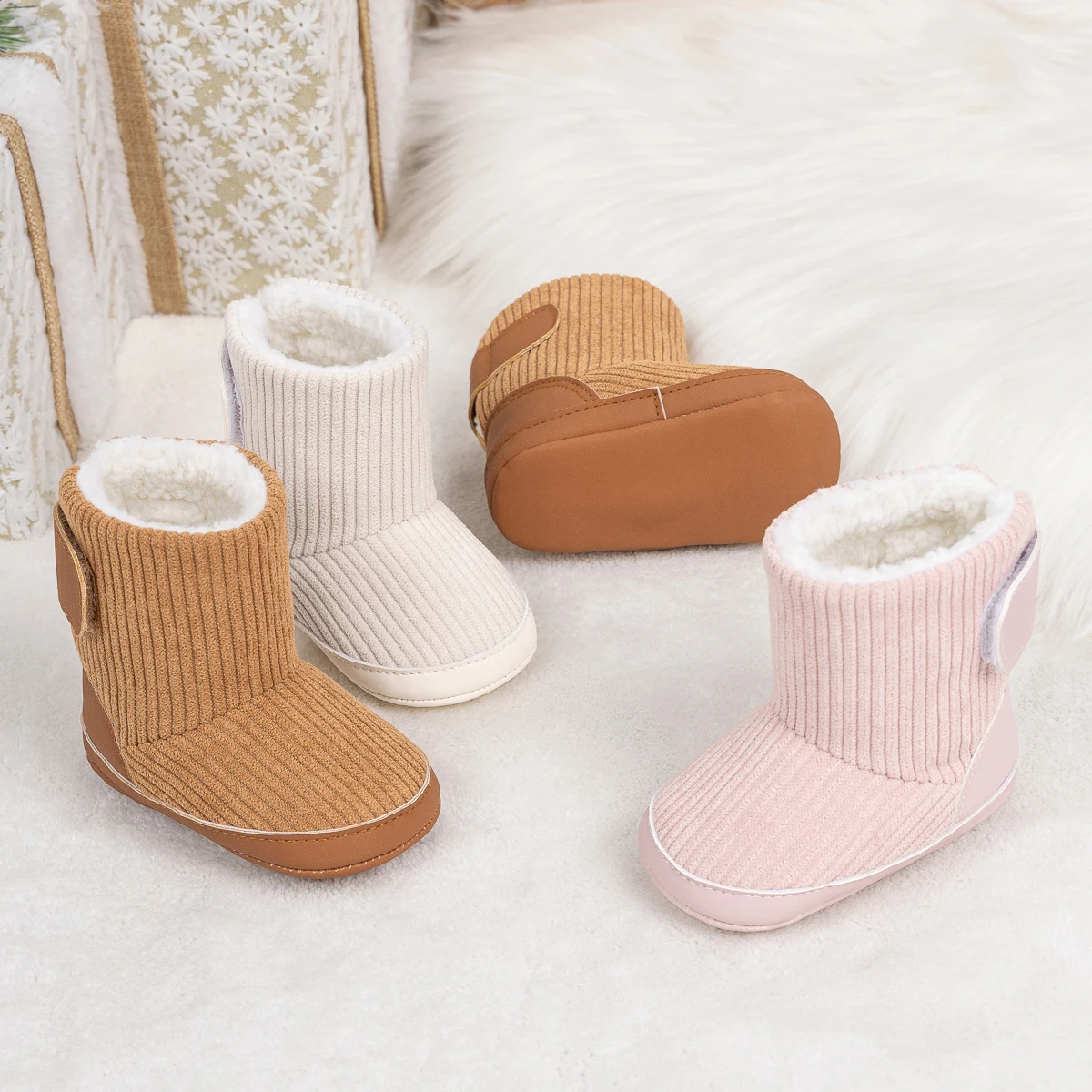 Meckior Winter Classic Baby Plush Boots Warm Plush Soft Sole Indoor Shoes Baby Boys Girls First Toddler Shoes 0-18M
