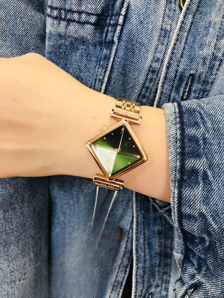 New Women'S WatchSimple And Elegant, With A Green Dial, Creative Square Design, Luxurious Women'S Watch, Ins Style, Steel Strap.