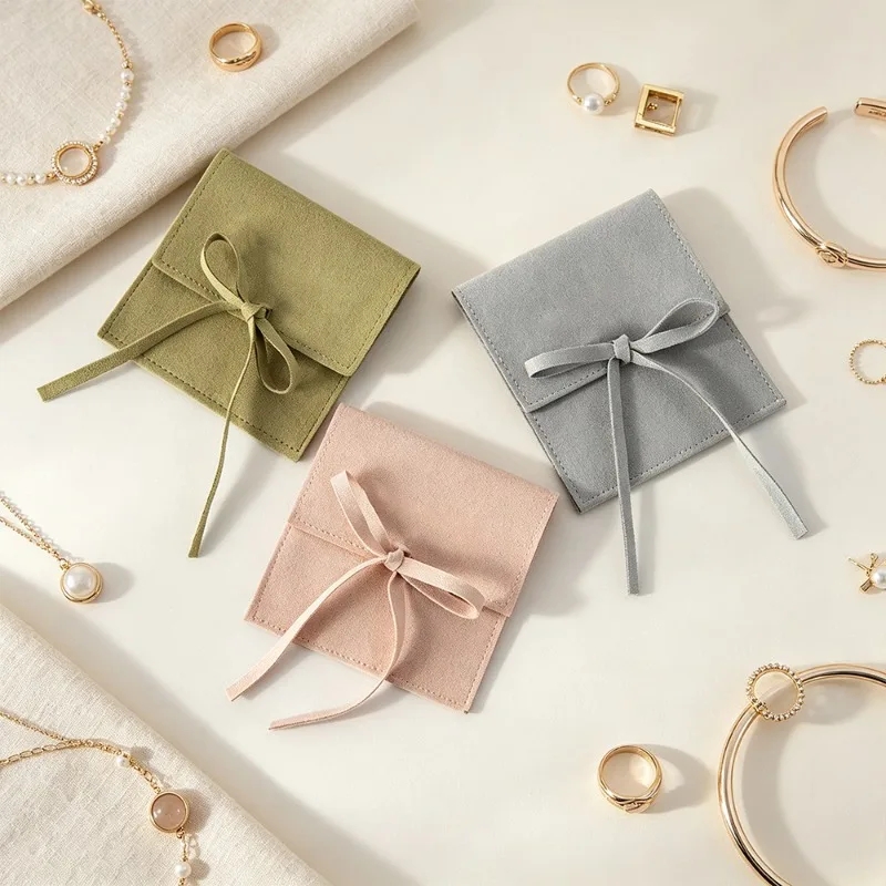 5pcs Custom Logo Flap Jewelry Pouch Wedding Favor Gift Bag Dust‑Proof Storage Bag for Necklace Pendant Ring Jewelry Packaging