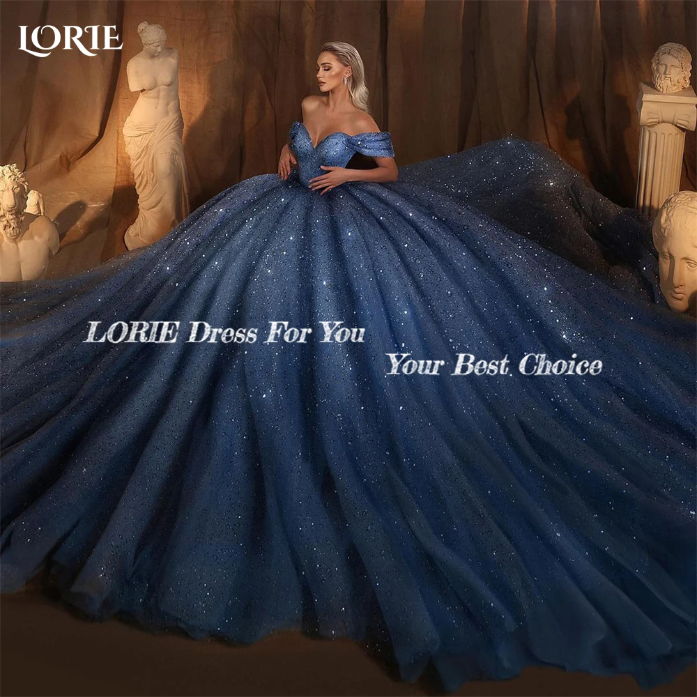 LORIE Royal Blue Glitter Wedding Dresses Off Shoulder Pufyy Sparkly Backless Bridal Ball Gowns Sequins Princess Bride Dress 2024