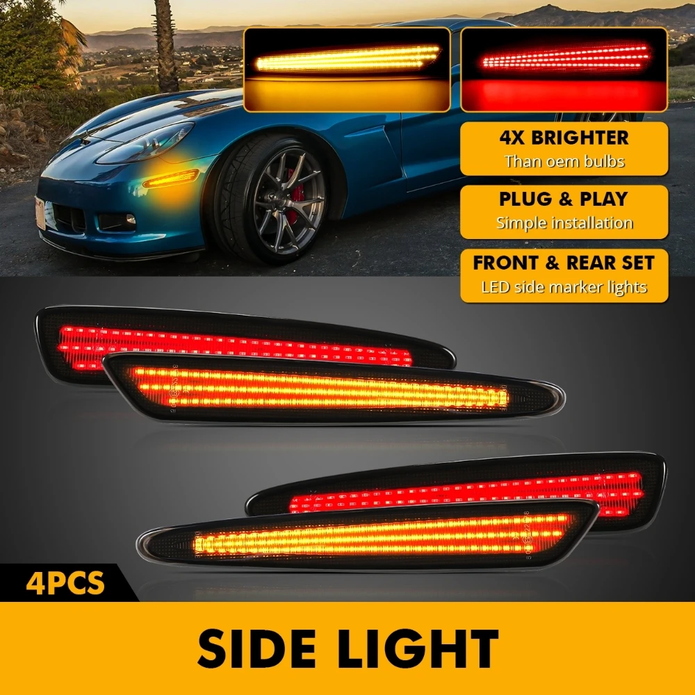 LED Front & Rear Fender Wheel Side Marker Light Smoked Lens 3 Row Amber Red White Light For Chevrolet Corvette C6 2005-2013