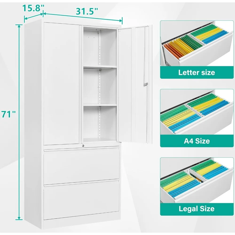 Locking White 2-Drawer Lateral Filing Cabinet with Shelf, Secure Metal Storage for Office Documents