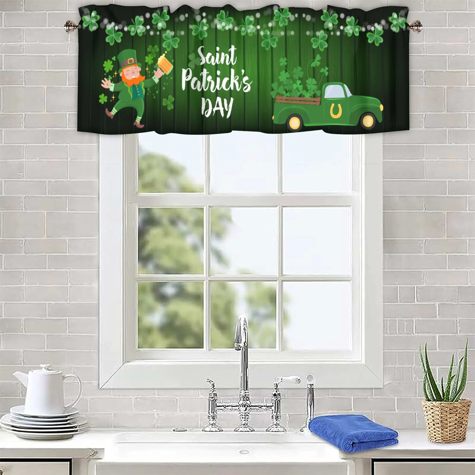 Valance Curtains St.Patrick's Day Shamrocks Gnome Green Pickup Truck Window Valances Kitchen Rod Pocket Short Curtain Panels