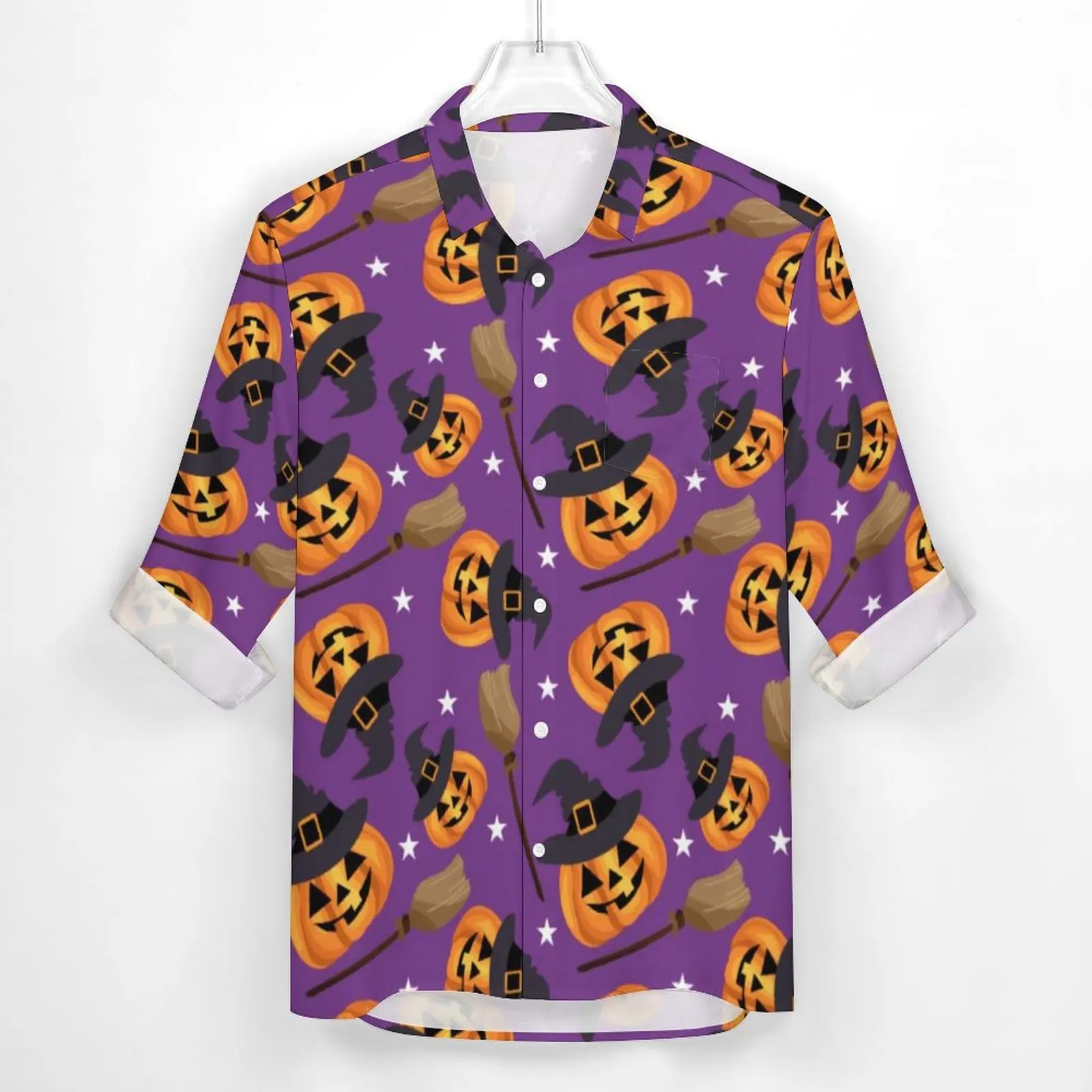 Flying Witch Print Shirt Men Halloween Pumpkin Casual Shirts Spring Stylish Blouses Long Sleeve Fashion Oversized Top Gift