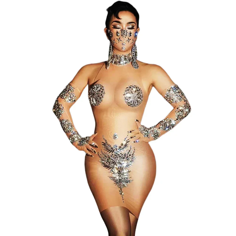 

Nude Perspective Shining Silver Rhinestones Gloves Sexy Women Dress Nightclub Bar DJ Cloth Stage Prom Singer Perform Costumes