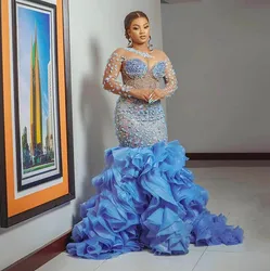 Nigeria Aso Ebi Evening Dresses With Ruffles Bottom Beads Illusion Long Sleevs Plus Size Prom Party Dress  Women Formal Gown