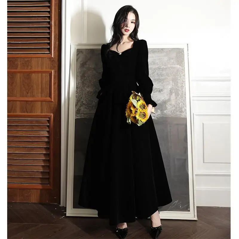 

Coalfell Черное банкетное вечернее платье, элегантное и изящное женское платье с длинными рукавами весной и осенью.