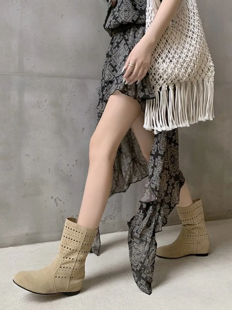 Handmade Women Genuine Leather Boots New Summer Breathable Hollow Out Hidden Heels Shoes Female Slip On Vintage Cow Suede Boots