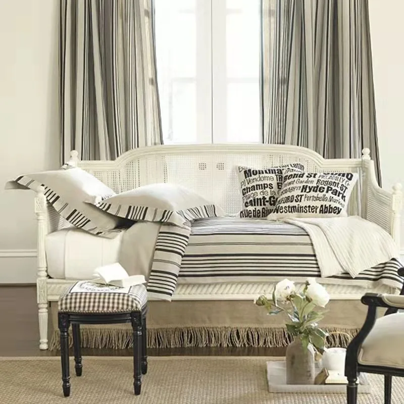 American French rattan art, solid wood carving flowers, white old living room, three-person sofa combination