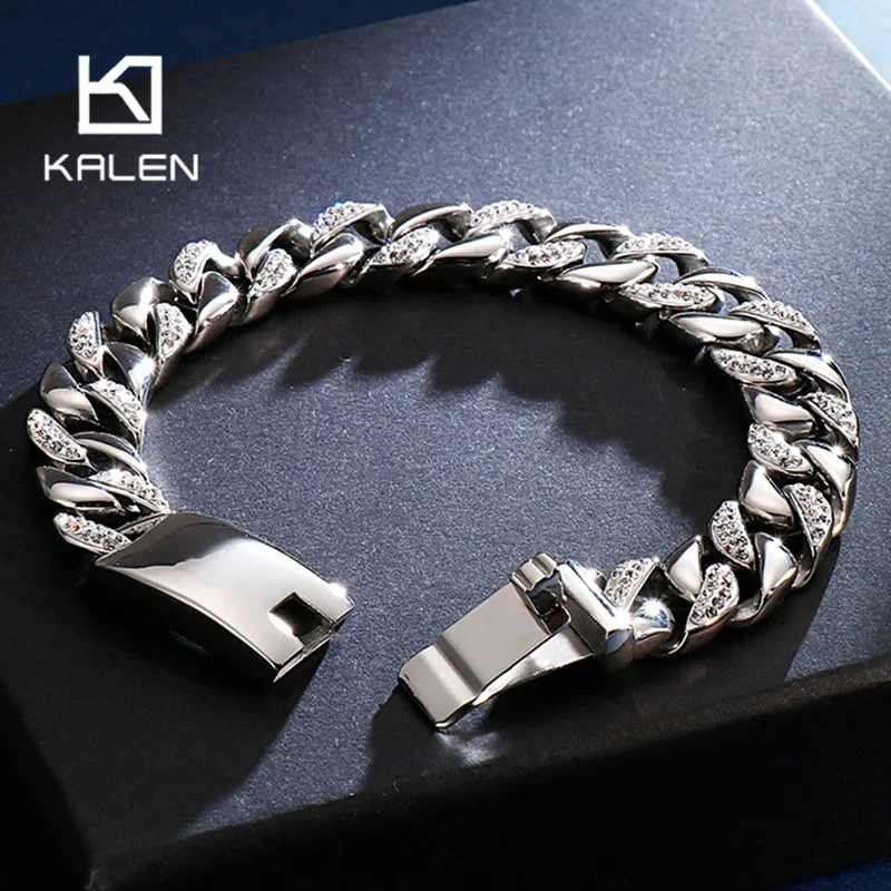 Kalen 12mm Men\'s Charm Bracelet Zircon Stainless Steel Rock Thick Bracelets Chunky Gold Color Cuban Chain Trendy Jewelry Gift