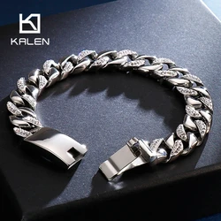 Kalen 12mm Men's Charm Bracelet Zircon Stainless Steel Rock Thick Bracelets Chunky Gold Color Cuban Chain Trendy Jewelry Gift