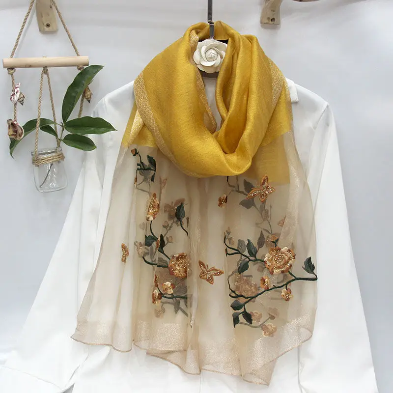 Fashion 2022 Beach Stoles Women Scarf Silk Wool Embroidery Floral Female Thin Foulard Bufanda Hijab Wraps Pashmina Shawl Scarves