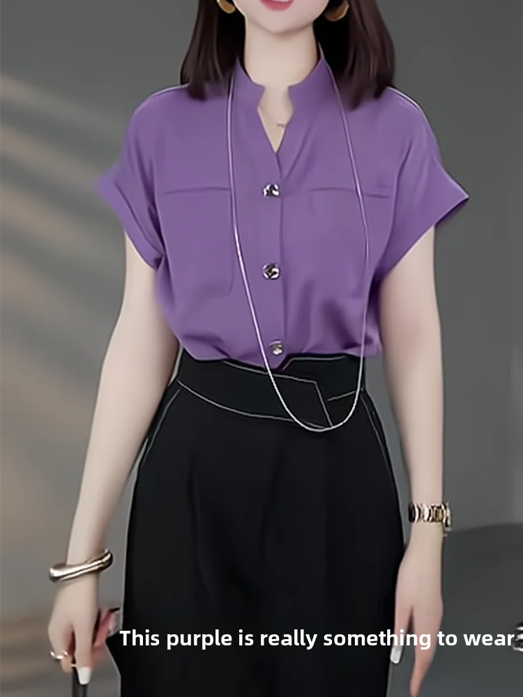 Camiseta morada adelgazante de manga corta para mujer, nueva moda de verano, estilo coreano, ajuste holgado, ropa informal, look diario, buena calidad