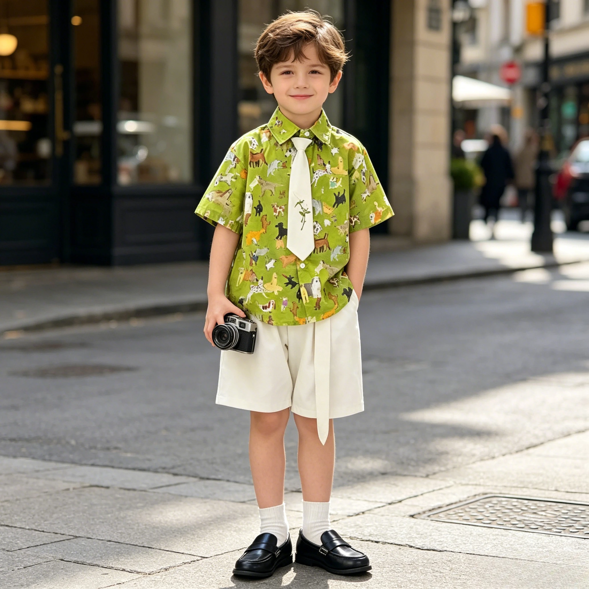 Teen Boys Cute Animal Print Shirt Shorts Set with Tie Summer Casual Gentleman Outfits for Kids Wedding Party Birthday Daily Wear