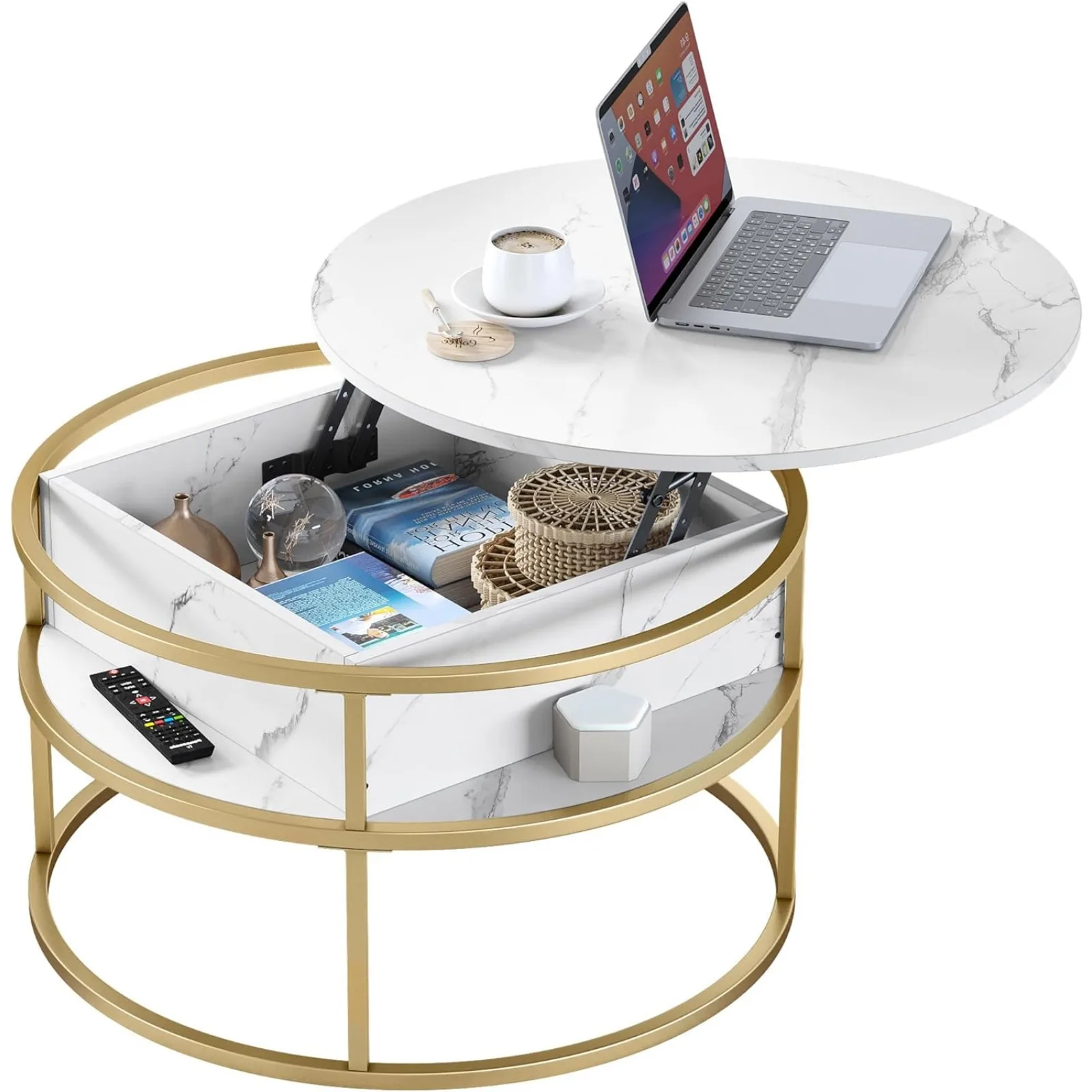 US Round Lift Top Coffee Table, Coffee Tables for Living Room with Hidden Storage Compartment, Modern Coffee Table with Storage