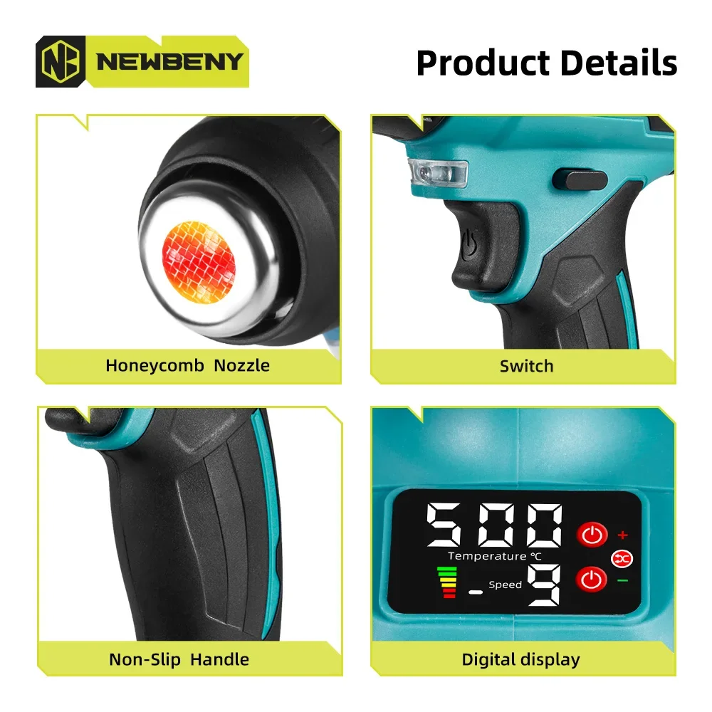 NEWBENY 2000W Pistola ad aria calda elettrica 9 marce con display a LED Strumento per asciugacapelli industriale senza fili per uso domestico per