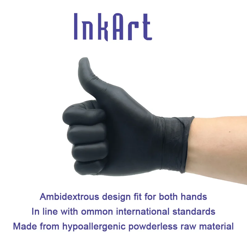 InkArt Powderfree Black Food Safe Ambidextrous Nitrile Disposable Glove for PMU/Tattoo/SMP S/M/L/XL 100pcs/Box OEM/ODM Available