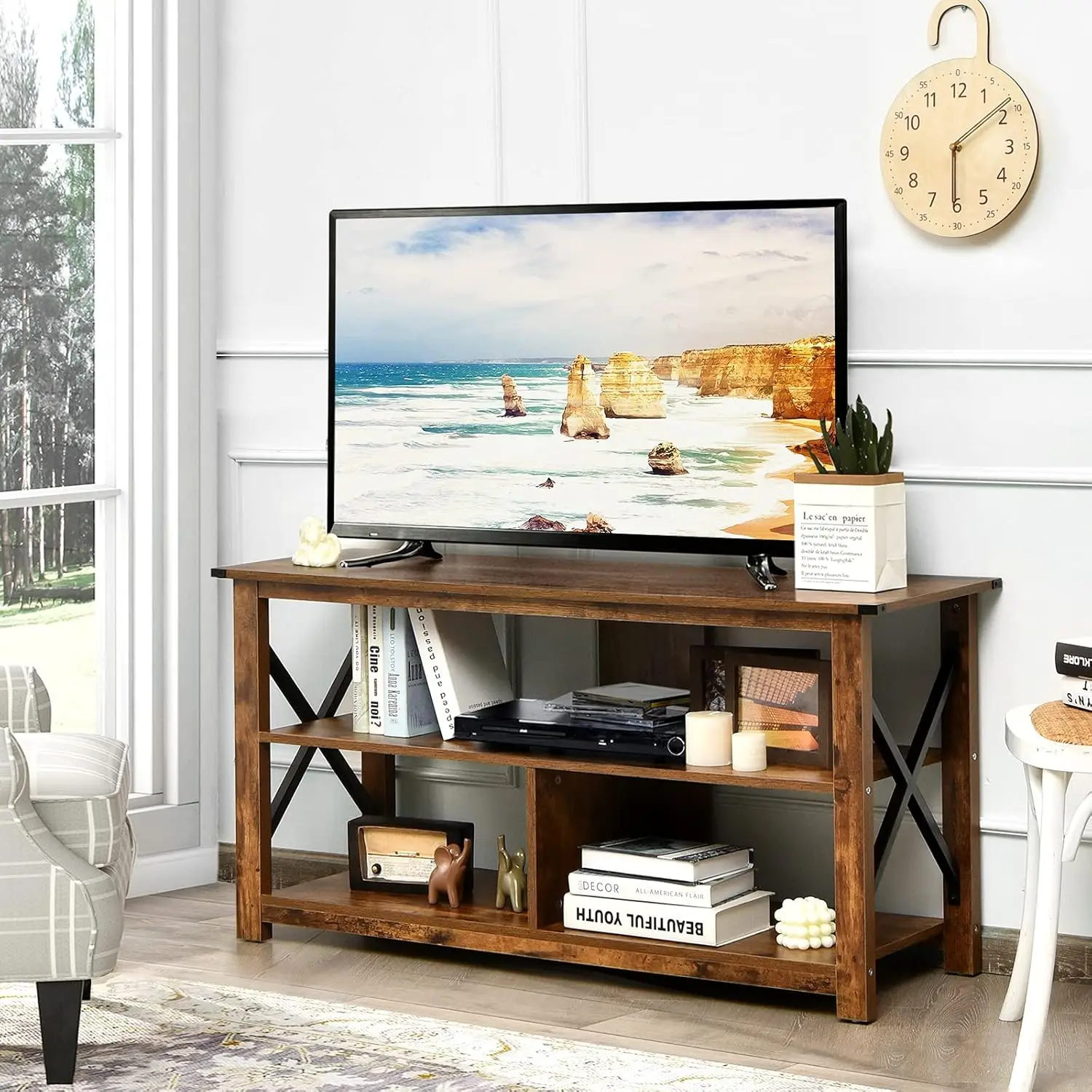 Wood TV Stand with Open Shelves and X-Shaped Frame, 3 Tier Entertainment Center for 55-Inch TV, Farmhouse TV Console Table Brown