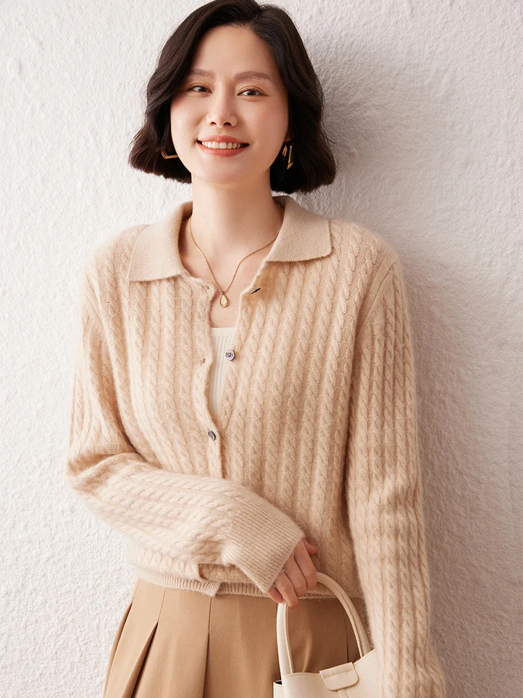 

Женский кардиган на пуговицах с круглым вырезом, осень-зима, кашемировый свитер с вышивкой на кабель, женский из 100% кашемировый трикотаж, мягкие модные топы