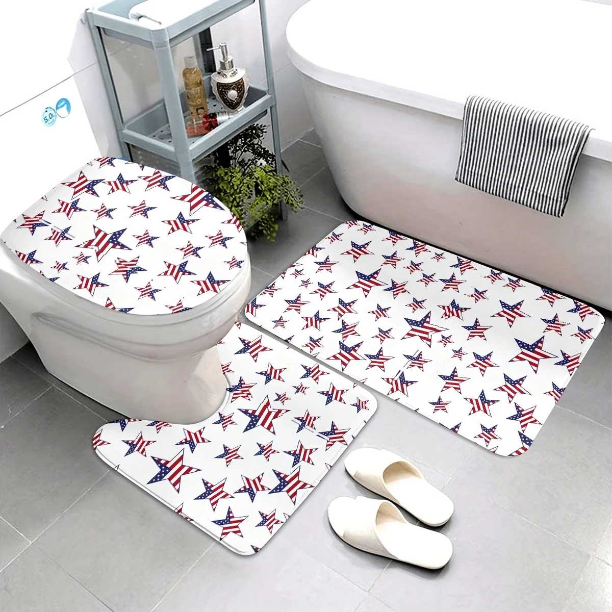 

American Flag Bathroom Rug Set, 3pcs Knit Polyester Bath Mat Set with Washable Toilet Lid Cover, Non-Slip Floor Mats for Bathroo