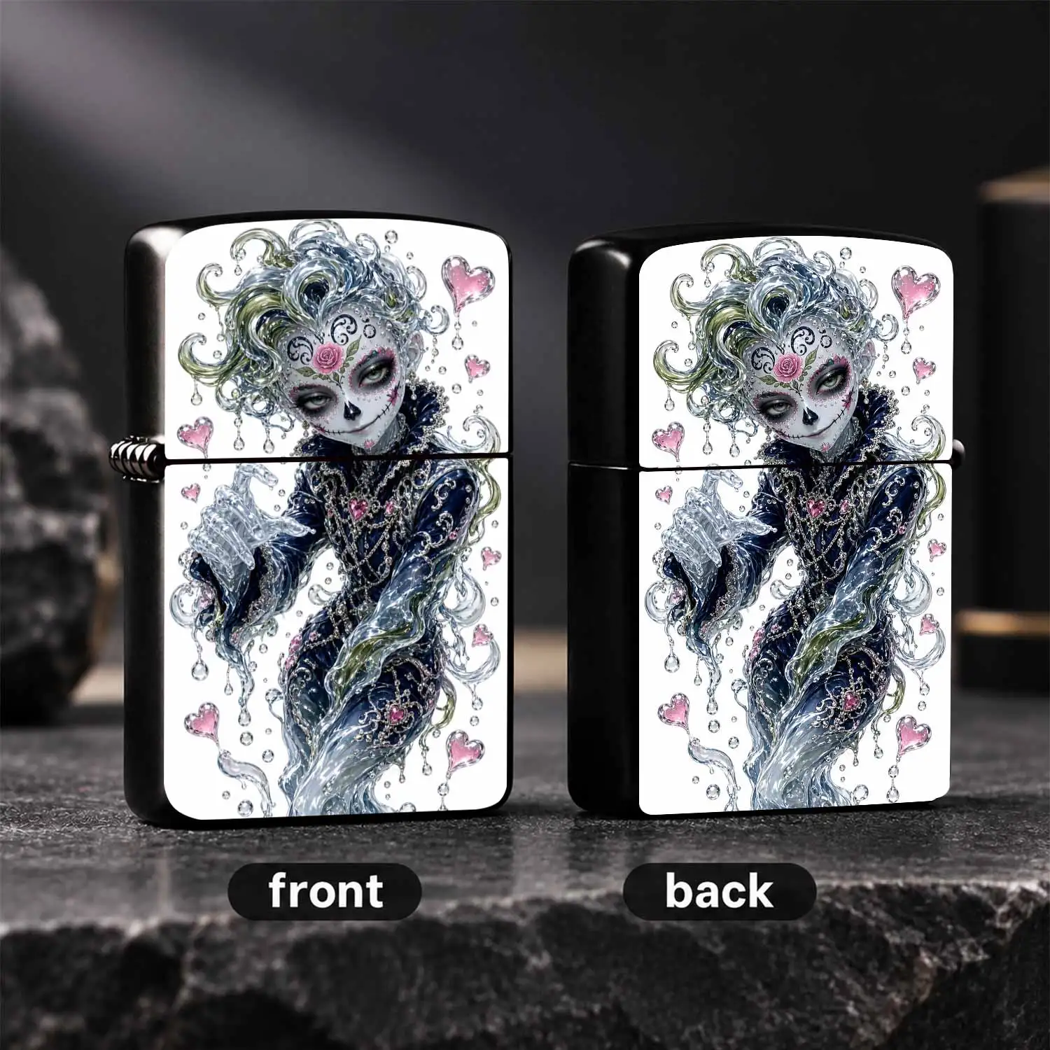 Exquisite Sugar Skull Art Style Portable Lighter, Shiny Liquidglazedwith Pink Heart Accent, Unique Stylish Accessory For Daily Use, Ideal Thoughtful Gift For Friends And Family On All Kinds Of Occasions, Eye-Catching De A Humorous And Inter