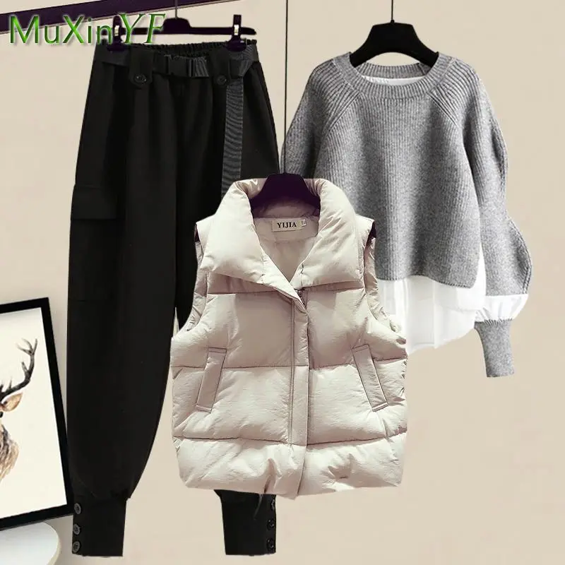 Women's Autumn Winter New In Matching Set 2023 New Korean Elegant Vest+Fake Two Piece Knit Sweater+Cargo Pants Three Piece Suit