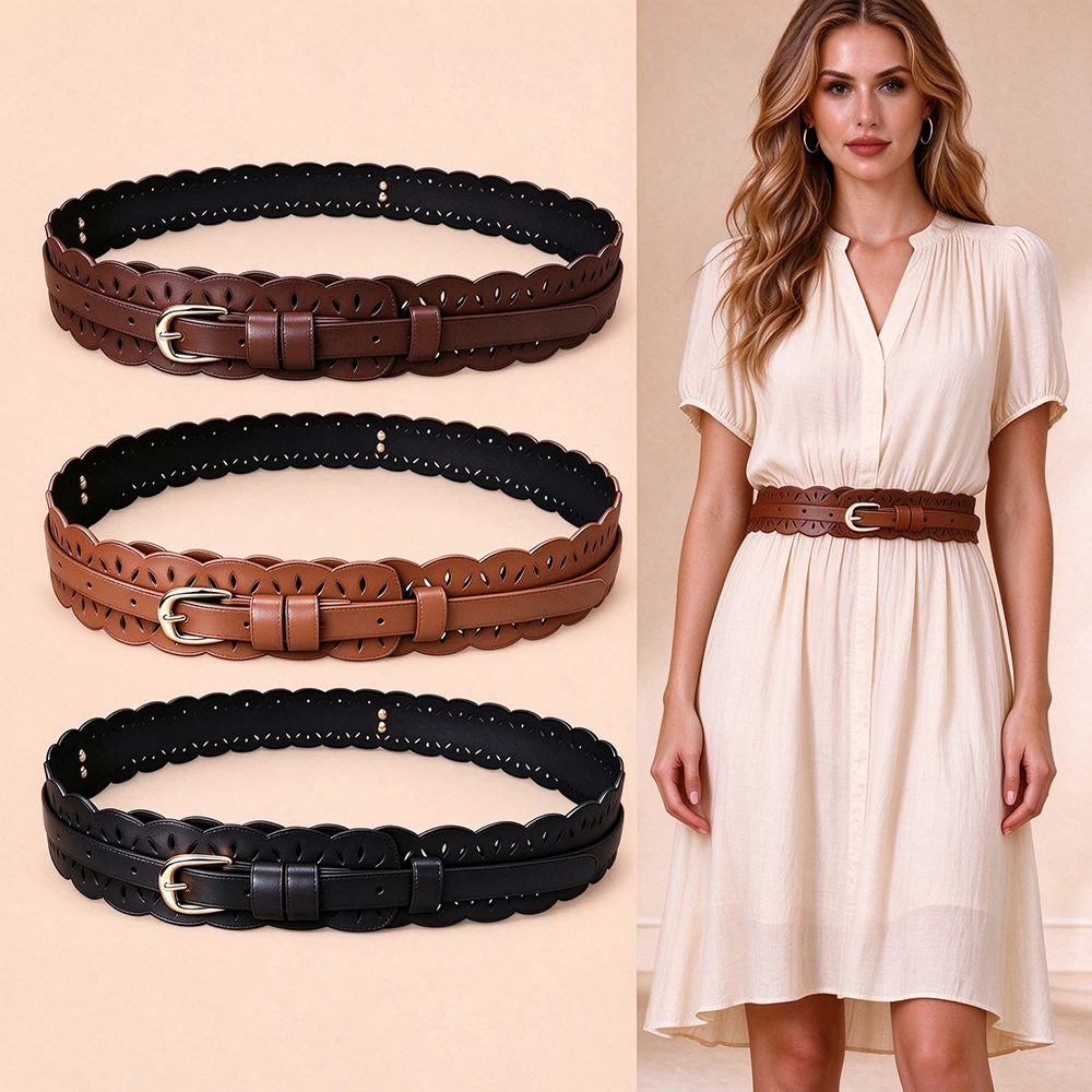 Women's Vintage Hollow Cutout PU Waist Belt Gold Pin Buckle Decorative Waistband for Ladies Dresses Outfits 3 Colors Available