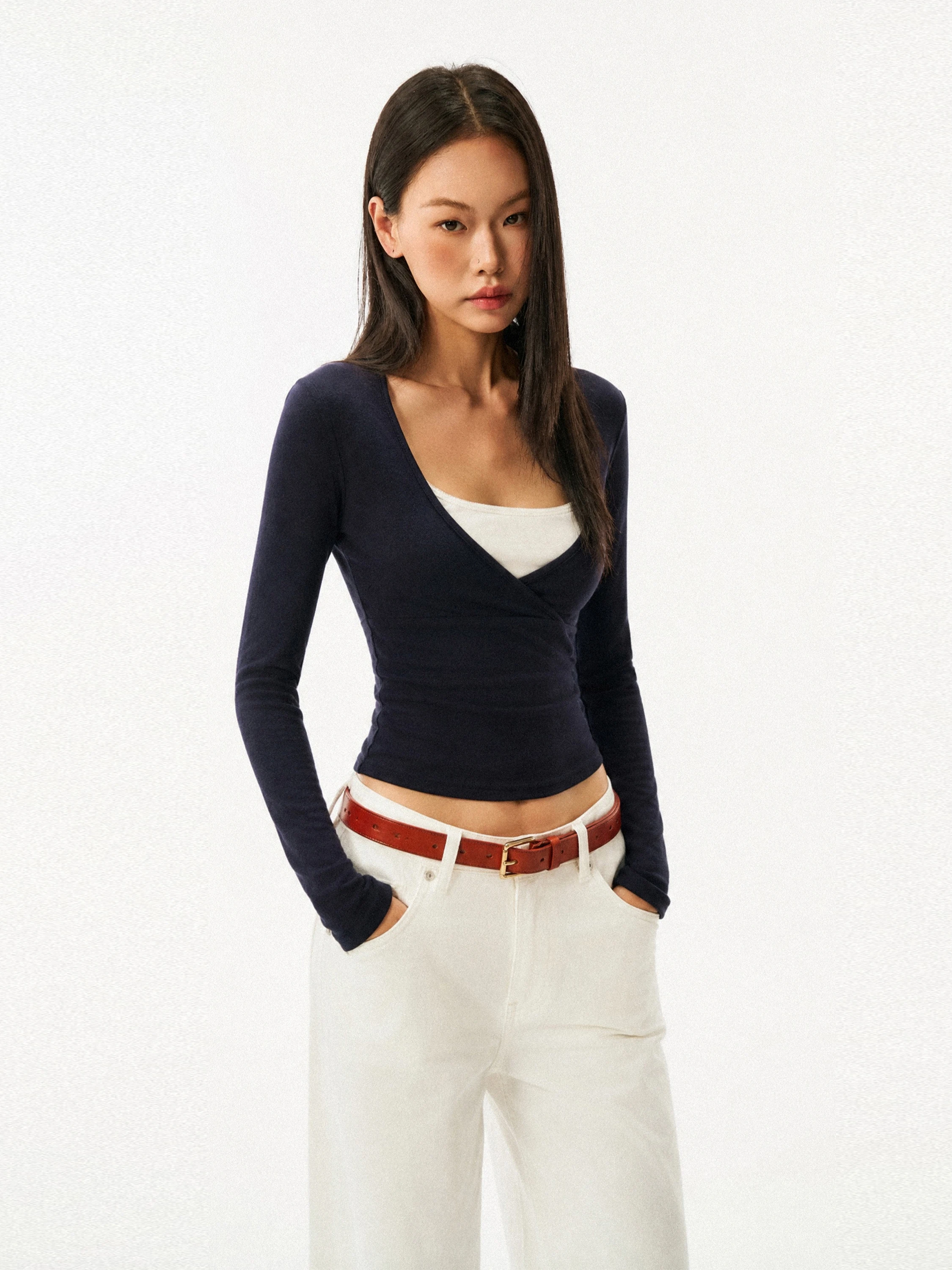 American Style Dark Blue Long Sleeve T-Shirt Women's Crossed Waist-Cinching Casual Style Top GOGO BURN New Autumn Collection