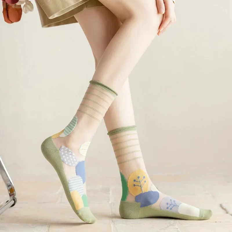 2024 New Fashion Woman Socks Summer Ultra-thin Transparent Crystal Silk Socks Harajuku Floral Retro Japanese Kawaii Cute Socks