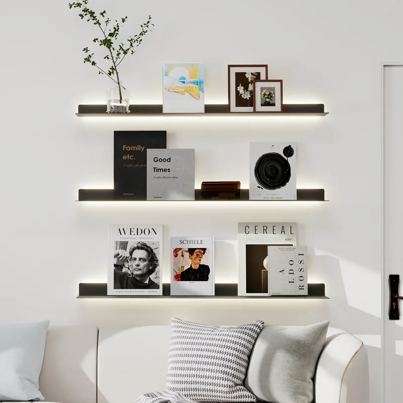 Customized aluminum alloy luminous laminate storage wall wall display L-shaped shelf bookshelf with light baffle LED shelf