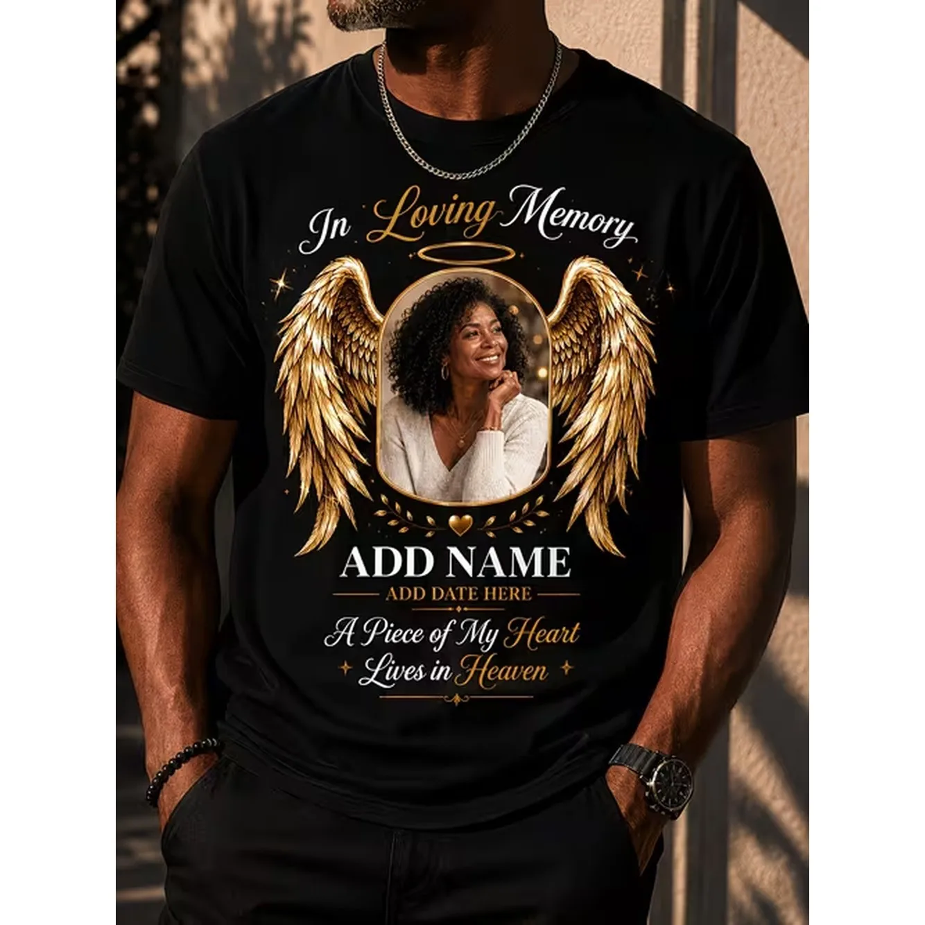Custom Photo Memorial T Shirt In Loving Memory Personalized Name And Date Tee With Wings Unisex Summer Crewneck Short Sleeve Casual Tops For Family Remembrance And Memorial Services Fit