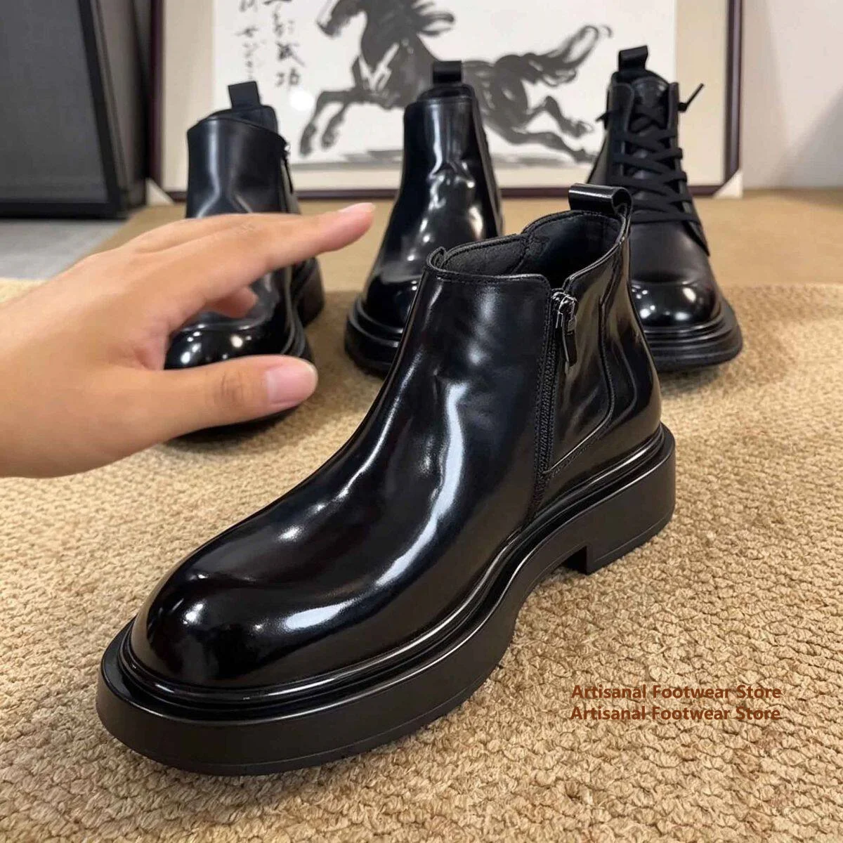 Men's Glossy Black Chelsea Boots Side Zipper Thick Platform Sole Leather Ankle Boots Casual Business Short Boots for Men