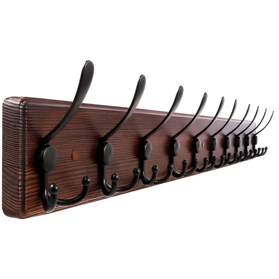 

Large Coat Rack Wall Mount Coat Hooks Coat Hanger with 10 Metal Black Triple Hooks Brown Pine Real Wood Plank Hat Rack for Wall
