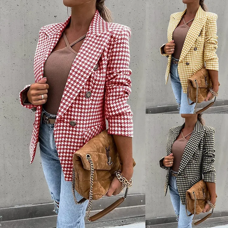 Women's Suit Jacket with Houndstooth Print Long Sleeved Lapel Casual Jacket Slim Fit Small Suit 2024 Autumn