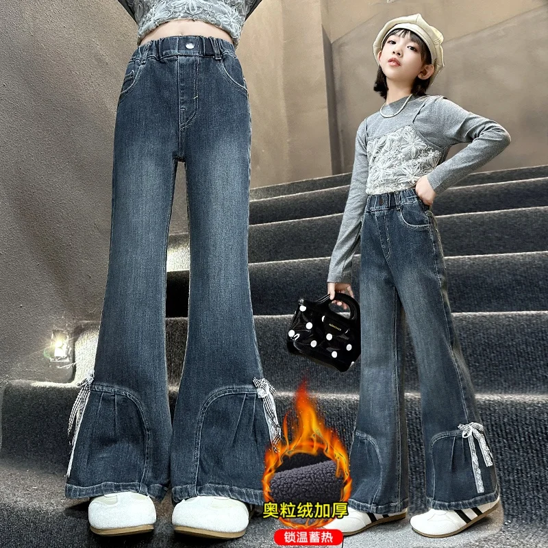 

Girls Gothic Bow Flare Jeans Harajuku Aesthetic Y2K Denim Trousers High Waist Cowboy Pant Vintage 2000s Trashy Insulated Clothes