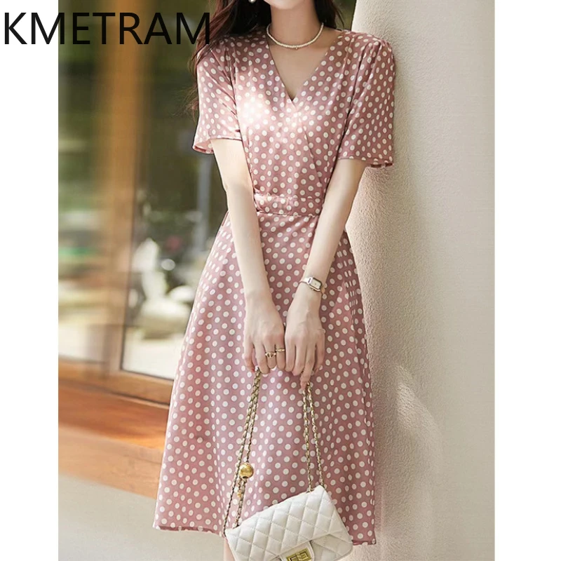 KMETRAM Mulberry Silk Elegant Slim Fishtail Dresses for Women Summer Mid Long Polka Dot Dress Dopamine Dressing Robe Femme Été