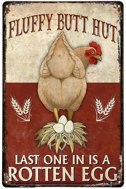 Licpact Vintage Metal Tin Sign Chicken And Egg Poster Fluffy Butt Hut Wall Plaque for Home Kitchen Bar Coffee Sho