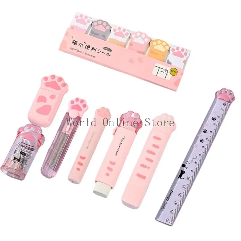 9 PCS School Stationery Set Cats Paws Case Case Sticky Notes Sharpener Eraser Class Class Guys School Schools 87HC