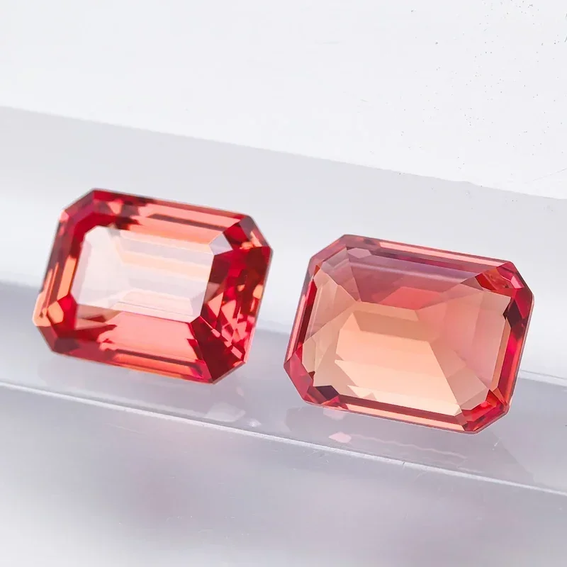 Lab Grown Sapphire Emerald Cut Sunset Red Color Gemstone for Charms DIY Ring Earrings Materials Selectable AGL Certificate