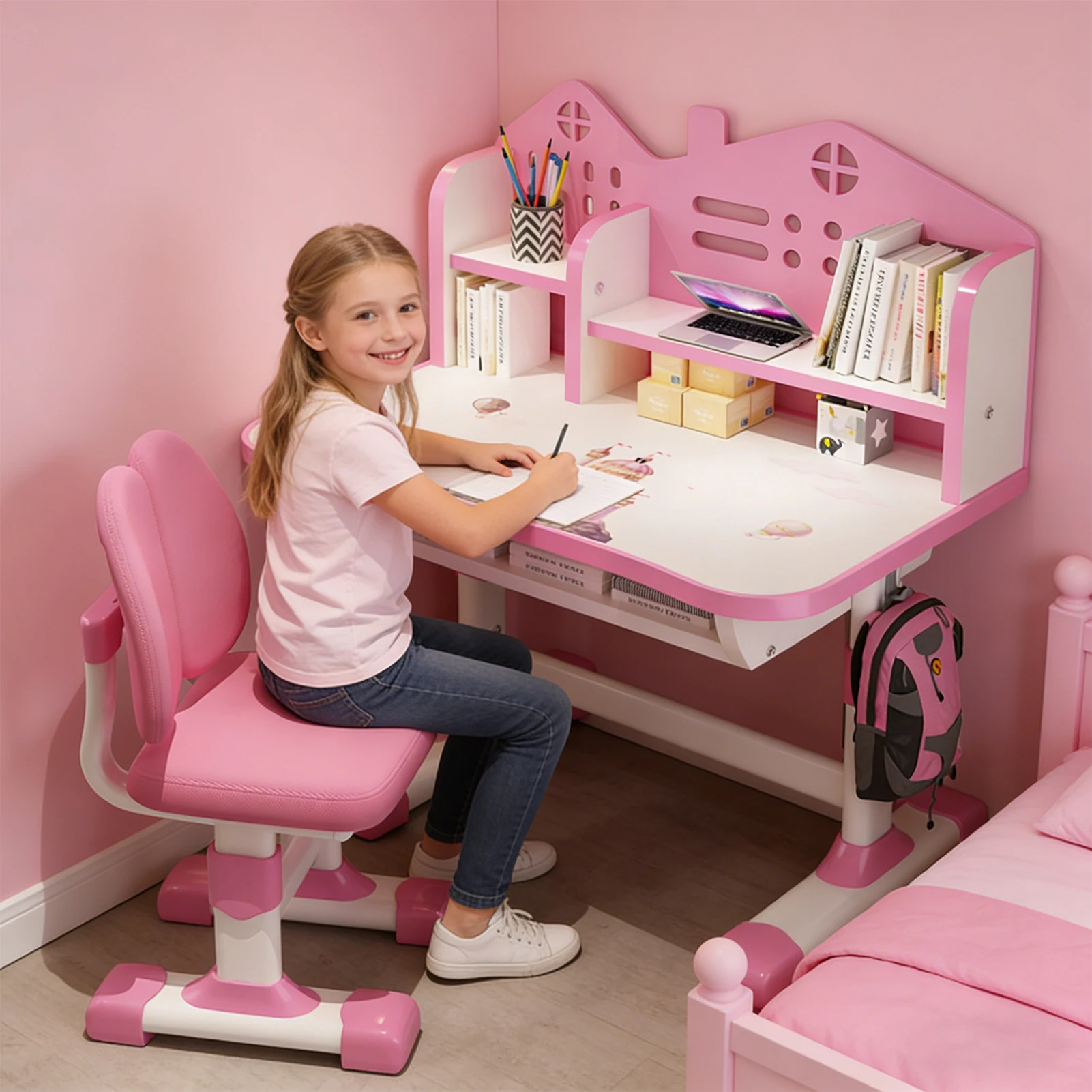 2Pcs Set Kids Bookstand Desk Chair Cartoon Pattern Adjustable Height Study Desk Table With Chair Set view 4