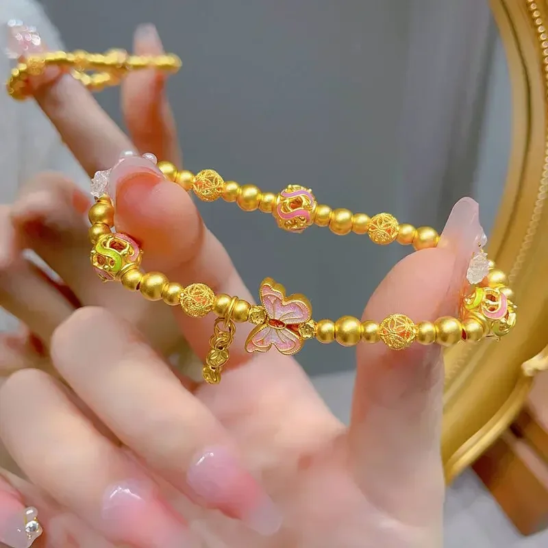 

9999 24K Real Gold Blue Butterfly Bracelet, Female Antique Style New Style, Niche High-end Feeling, Colorful Bracelet